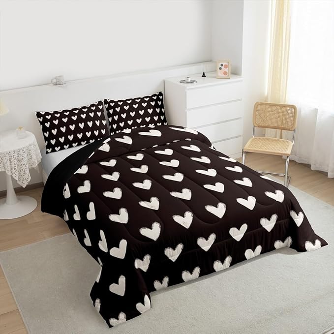Love Comforter Set King Size White and Black Comforter Bedding Sets for Women Men Girls Valentine Day Gift Quilt Kawaii Heart Shaped Geometric Down Comforter Love Heart Bedding Bedroom Decor 3Pcs