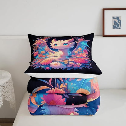 Castle Fairy Dragon Comforter Set Toddler Size 2 Pcs,Watercolor Flower Bedding Set,Cute Wildlife Western Animals Quilt Set for Child Bedroom,Duvet Insert,1 Pillowcase