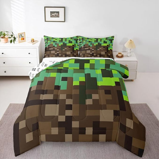 Miners Pixel Checked Comforter Set King Size,Video Games Check Lattice Kids Bedding Set,Game Cartoon Gamepad Quilt Comforter,Green Brown Duvet Insert,2 Pillowcases