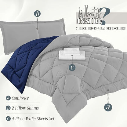Elegant Comfort 7-Piece Bed-in-a-Bag Comforter & Sheet Set- Luxury 1500 Thread Count 7-Piece Cali King Size Bed-in-a-Bag, Cozy Bed Sheets and Comforter Set, Wrinkle and Stain Resistant, Silver/Navy