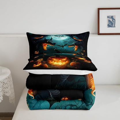 Dragon Pumpkin Comforter Set King Size,Bat Moon Tree Branch Horror Bedding Set for Kids Boys Girls Room Decor,Happy Halloween Duvet Insert 3Pcs,Retro Wild Animal Moonlight Quilt Set,2 Pillowcases