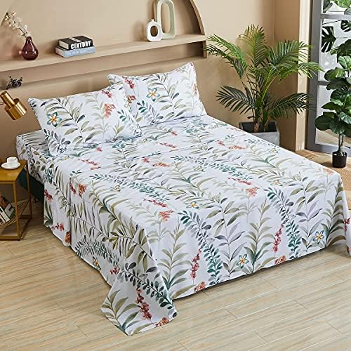 FADFAY Floral Leaves Sheet Set Full, Premium 100% Cotton 600 TC Green Leaf & Teal Flower Watercolor Farmhouse Bedding, Super Soft Breathable Deep Pocket Bed Sheets Set, 4-Piece Full Size