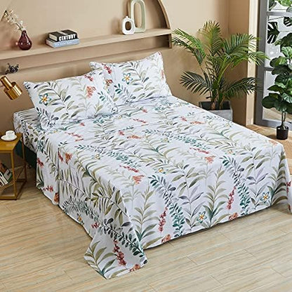 FADFAY Floral Leaves Sheet Set Full, Premium 100% Cotton 600 TC Green Leaf & Teal Flower Watercolor Farmhouse Bedding, Super Soft Breathable Deep Pocket Bed Sheets Set, 4-Piece Full Size