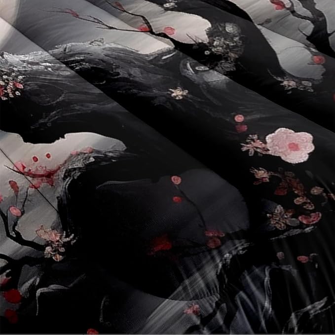 Japanese Style Cherry Blossom Comforter Set Queen Pink Cherry Blossoms Bedding Black Floral Bedding Set 3Pcs Oriental Comforter Asian Art Decorative Bedding Comforter Set for All Season