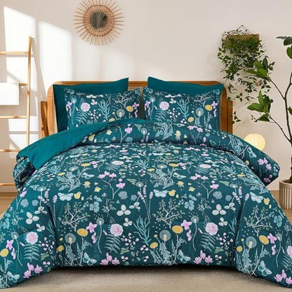 Full Size Comforter Set, Teal Blue Floral Bedding Comforter Set 7 Piece