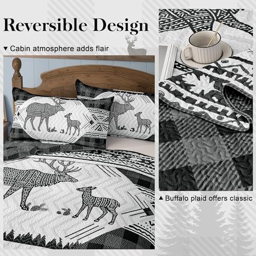 3 Piece Cabin Full/Queen Quilt Sets Farmhouse Rustic Reversible Microfiber Soft Lightweight Bedspread Comforter with 2 Shams Patchwork Country Lodge Bedding Quilts Set for All Season, 90''x96'', Grey