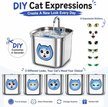 Homtyler Luxury Automatic Cat Water Fountain for Pets, 2.2L/74oz Stainless Steel Dog Water Dispenser with Filter, BPA Free & Silent, Featuring LED Light, Easy Clean & Cat View Window