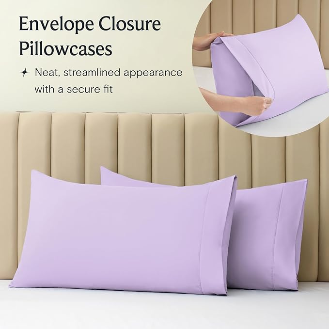 LuxClub 4 PC King Sheet Set, Breathable Luxury Bed Sheets, Deep Pockets 18" Wrinkle Free Cooling Bed Sheets Machine Washable Hotel Bedding Silky Soft - Lavender King