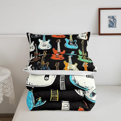 Castle Fairy Colorful Guitar Bedding Set Full Size Musical Instruments Comforter for Child Toddler Teens Rock Bass Music Lover Down Comforter Sketch Style Guitar Duvet Insert with 2 Pillowcases