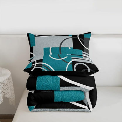 Modern Turquoise Decor Comforter Full Geometric Circles Gird Bedding Set For Boys Girls Kids Teens Adult Black Grey Down Comforter Stripe Swirls Duvet Set Modern Graphic Texture Quilted Comforter
