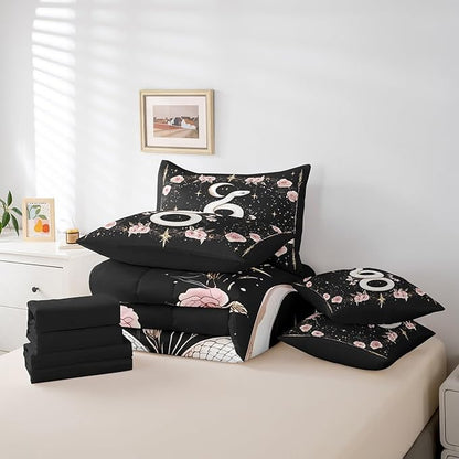 jejeloiu Boho Snake Bedding Set 7Pcs Queen Size Kids Bohemian Comforter Set with Sheets for Boys Girls Flower Floral Bed in a Bag Soft Lightweight,Microfiber