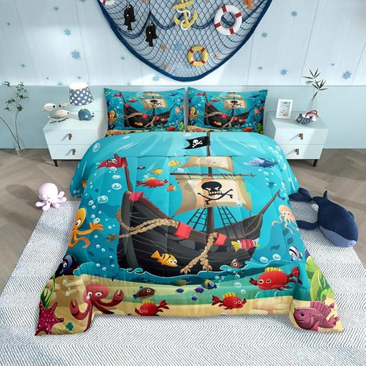 Castle Fairy Cartoon Pirate Ship Comforter Set Twin Size for Kids Marine Adventure Bedding Sets All Season Underwater Fish Quilt Set Bedroom Decor Cute Octopus Jellyfish Down Comforter,2Pcs