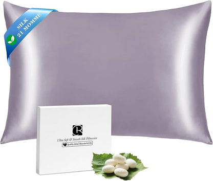Ravmix Silk Pillow Cases with Zipper, 21momme Mulberry Silk Pillowcase for Hair Skin Health, Soft Smooth Breathable Cool Pillow Cover for Beauty Sleep with Gift Box 1PC(King 20"x36", Lilac)