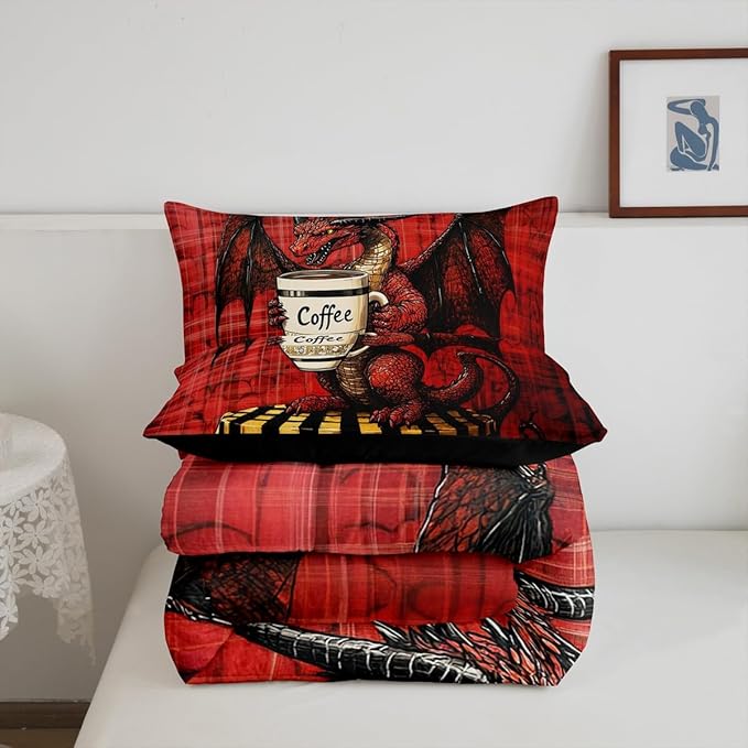 Feelyou Dragon Comforter Set King Size Dragon Stuff Comforter for Boys Girls Teens Wild Life Bedding Set Coffee Duvet Set Room Decor Red Quilt Set