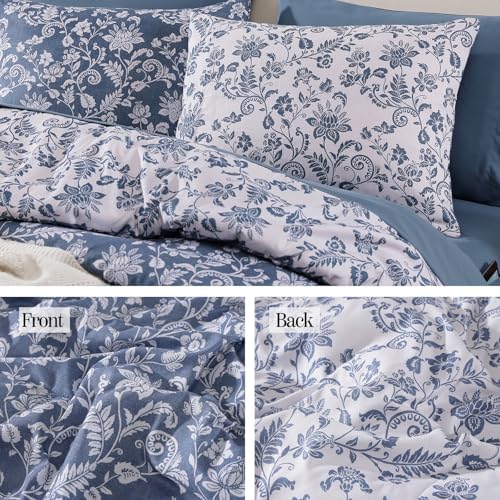 BLOOMHAVEN Twin XL Comforter Set-5 Pieces Blue Floral Bed in a Bag