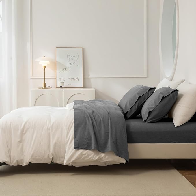 JIYUAN Twin Size Sheet Set, 3-Piece - 100% Washed Cotton, Linen-Like Soft & Breathable, Includes Deep Pocket Fitted & Flat Sheet with 1 Pillowcases, Hotel Quality, Heathered Dark Grey