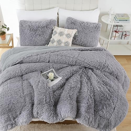 Smoofy Fluffy Full Size Comforter Set, Grey Faux Fur Comforter Set 3 Pieces