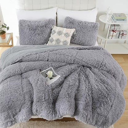 Smoofy Fluffy Queen Comforter Set, Grey Faux Fur Comforter Set 3 Pieces