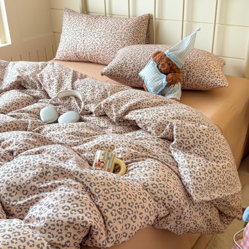 mixinni Light Brown Leopard Print Duvet Cover Set King Size, 3PCs Cute Animal Cheetah Bedding, 100% Cotton Double Gauze Soft Aesthetic Retro Pink Black Bedding Set with 2 Pillowcases for Girls Women