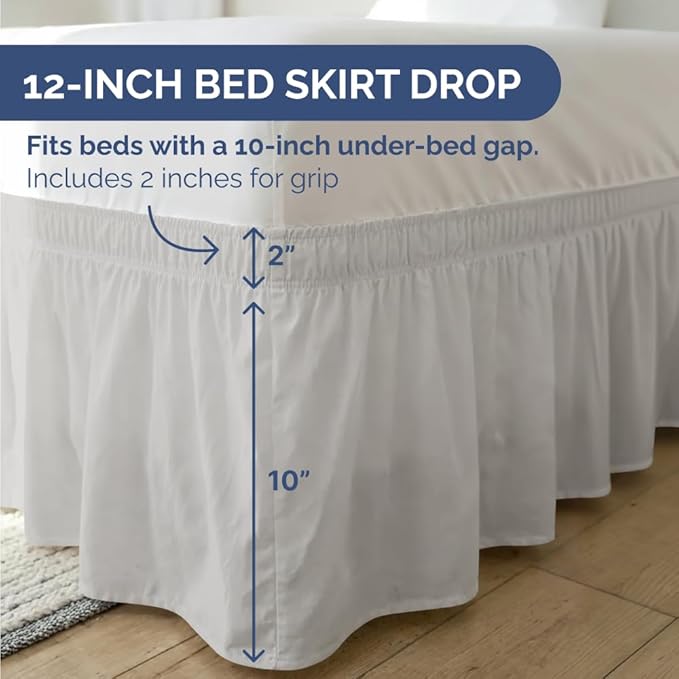Wrap Around Dust Ruffle Bed Skirt - French Grey - for King Size Beds w/ 12 Inch Drop - Easy Fit Elastic Strap - Adjustable Pleated Bedskirt w/Brushed Fabric - Wrinkle Free, Women, Men, Kids & Teens