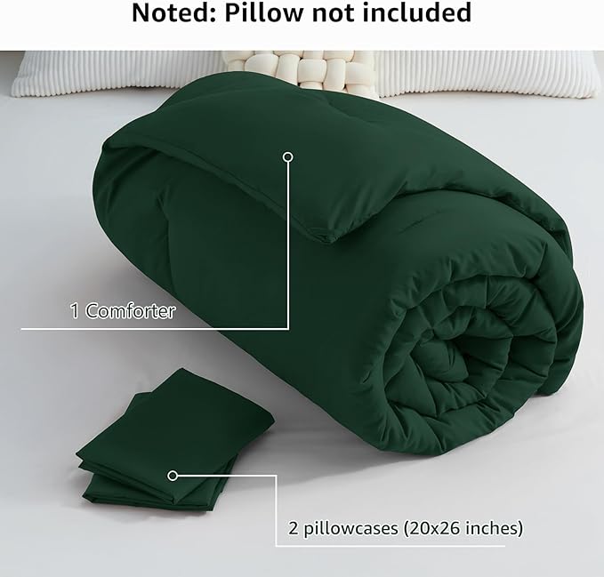 CozyLux Dark Emerald Green Queen Comforter Set, 3 Pieces Solid Breathable Quilted Bedding Sets, Luxury Fluffy Soft Bed Set with Down Alternative Comforter for All Season (1 Comforter & 2 Pillowcases)