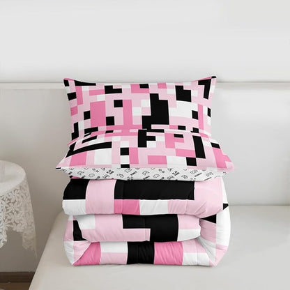 Manfei Pixelated Miners Kid Comforter Set Full Size,Video Game Game Gamepad Bedding Set,Boy Room Decor,Geometric Grid Square Quilt Comforter,Black Pink White Duvet Set Bedroom Quilt Set,2 Pillowcases