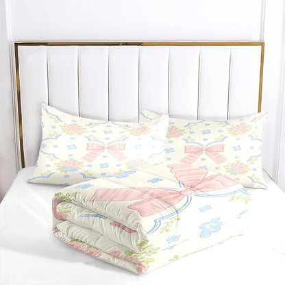 White Cartoon Queen Size Comforter Set, 3Pcs Botanical Flowers Comforter Sets for Girls Room Decor with 1 Comforter (90"x90") and 2 Pillowcases