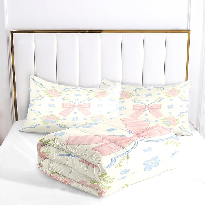2Pcs Girls Twin Size Botanical Flowers Comforter Set, Teens White Pink Bows and Blue Floral Bedding Sets, 100% Washed Microfiber, All Season with 1 Comforter 68"x 90" and 1 Pillowcase