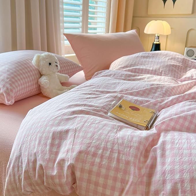 Nayoroom Gingham Duvet Cover Full Size Pink White Plaid Checkered Comforter Cover Grid Farmhouse Bedding Set 3 Pcs Soft Breathable Washed Microfiber Gifts for Women Men