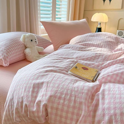 Nayoroom Gingham Duvet Cover King Size Pink White Plaid Checkered Comforter Cover 3 Pcs Soft Breathable Washed Microfiber Grid Farmhouse Bedding Set with Pillow Shams