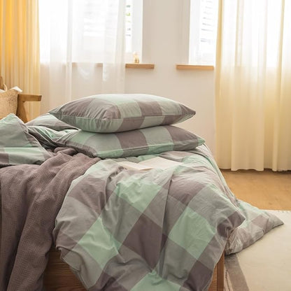 FACE TWO FACE Bedding Duvet Cover Set100% Washed Cotton Duvet Cover Linen Like Textured Breathable Durable Soft Comfy (California King, Light Green Grid)