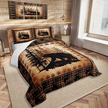 Castle Fairy Bear Print Comforter Set Queen Size,Wild Animal Hunt Pine Trees Retro Bedding Set for Women Adult,Rustic Grid Plaid Cabin Decor Luxury Bed Duvet Insert, 2 Pillowcases