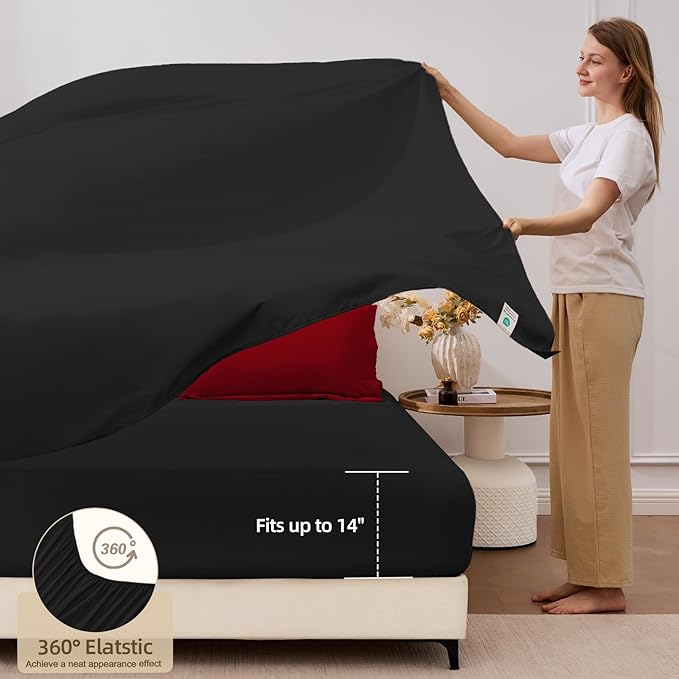 FUANNA 7 Pieces California King Size Comforter Set, All Season Bed in a Bag Cal King Size, Luxury Soft Bedding Sets with Comforter, Flat Sheet, Fitted Sheet, Pillowcases & Pillow Shams, Red & Black