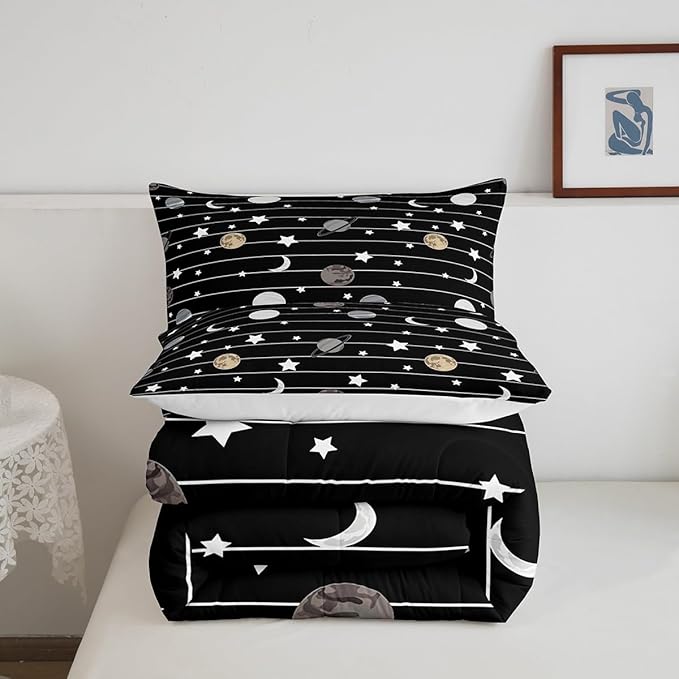Cartoon Planet Bed Comforters Set Queen Size,Starry Galaxy Super Soft Microfiber Bedding Set for Boys Girls,Moon Night Black White Lines Room Decorative Comforter Set,2 Pillowcase