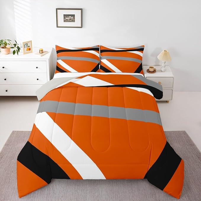 Erosebridal Orange Gray Black Striped Twin Bedding Sets for Adult Women Men Modern Abstract Comforter Set Geometric Lines Quilt Duvet Set Aesthetic Boho Bedding Collections
