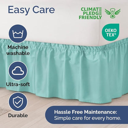 Wrap Around Dust Ruffle Bed Skirt - Spa Blue - Twin/Twin XL Size Beds with 15 Inch Drop - Easy Fit Elastic Strap - Adjustable Pleated Bedskirt w/Brushed Fabric Wrinkle Free - Women, Men, Kids & Teens