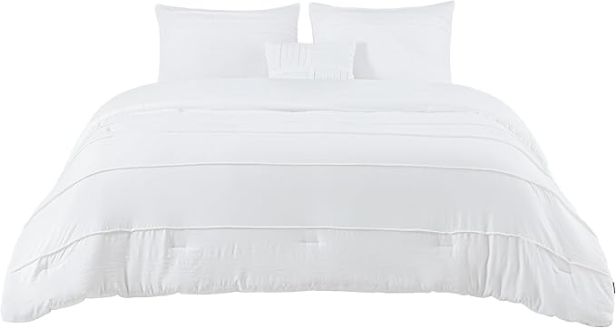 Bedsure White Queen Comforter Set - 4 Pieces Pinch Pleat Bed Set, Down Alternative Bedding Sets for All Season, 1 Comforter, 2 Pillowcases, 1 Decorative Pillow