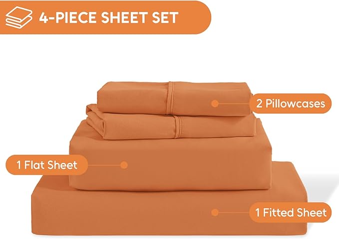 King Size Sheets Set, 4 Pieces Hotel Luxury Soft Microfiber Bed Sheets Set, Up to 16" Deep Pockets, Oeko-Tex Sheets with Elastic, Breathable, Wrinkle Free (Pumpkin Orange, King)