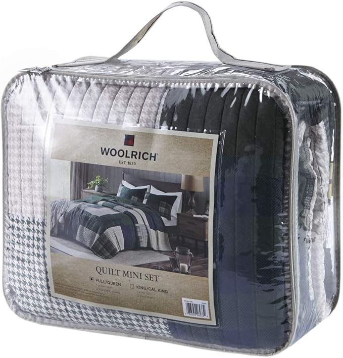 Woolrich Mill Creek Reversible Quilt Set - Cottage Styling Reversed to Solid Color, All Season Lightweight Coverlet, Cozy Bedding Layer, Matching Shams, Oversized Full/Queen, Plaid Green 3 Piece