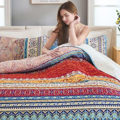 WONGS BEDDING Boho Quilt Queen Size,3 Pieces Soft Blue Stripe Bedding Set