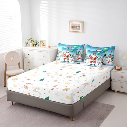 Castle Fairy Skiing Santa 7 Pieces Bedding Set Queen Bed in a Bag,Merry Christmas House Gifts Snowman Comforter Set,Farmhouse New Year Decor Soft Warm Microfiber Bedding