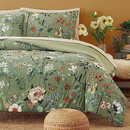 Twin XL Comforter Set- 5 Pieces Green Floral Bed in a Bag Twin Bedding Sets