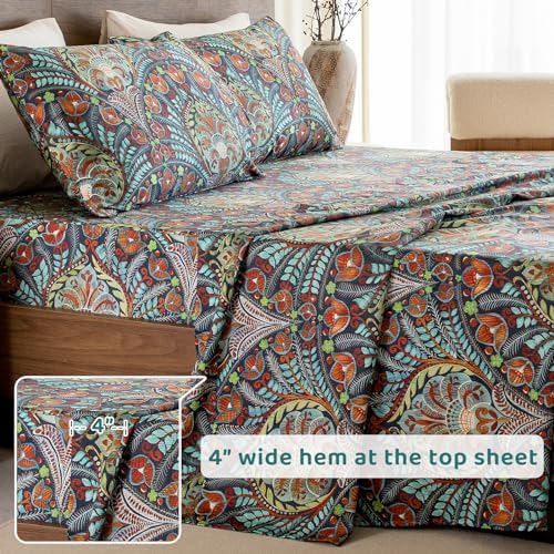 QSH Boho Sheets King Size - 100% Egyptian Cotton Bohemian Patterned Sheets Printed Bedding King Size Bed Sheets 17.5" Extra Deep Pocket 4pcs