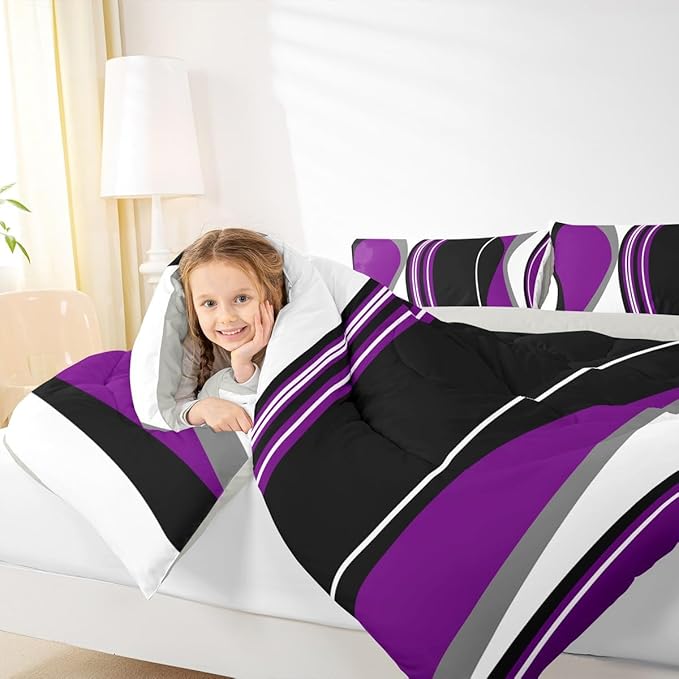 Erosebridal Purple Black Abstract Toddler Comforter Grey Modern Striped Bedding Set Geometric Stripes Lines Duvet Insert Contemporary Art Boho Bed Sets for Minimalist