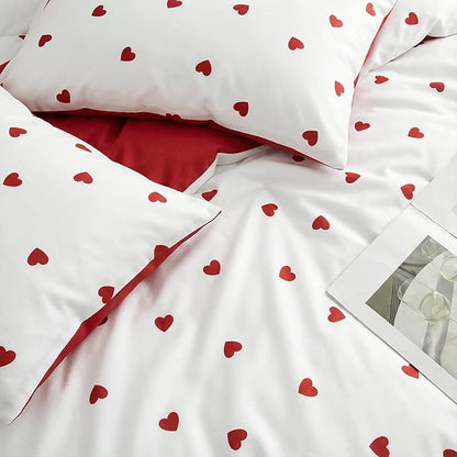 Heart Comforter Set Queen 3 Pieces Romantic Girls Cute Bedding Set, Red Love Heart Pattern, Modern Aesthetic Comforter with 2 Pillowcases 100% Microfibre White