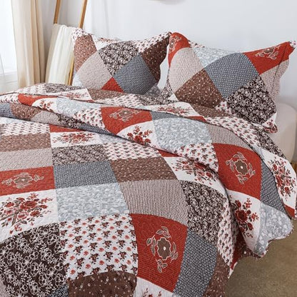 HoneiLife Quilt Set Queen Size - 3 Piece Microfiber Bedspread Reversible Coverlet Patchwork Bedding Set Lightweight Bedcover Floral Bedspreads All Season Quilts-Amaranth Red