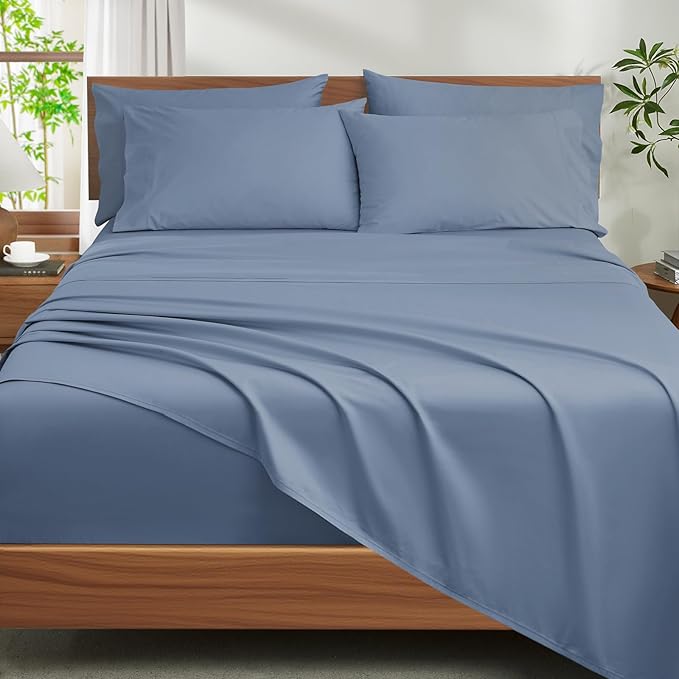Ivellow 100% Egyptian Cotton Sheets Queen Size Set - 1200 Thread Count 6 PC 18" Deep Pocket Queen Size Bed Sheet Set，Luxury Soft Breathable Dusty Blue Cooling Sheet Sets Durable Hotel Quality Bedding