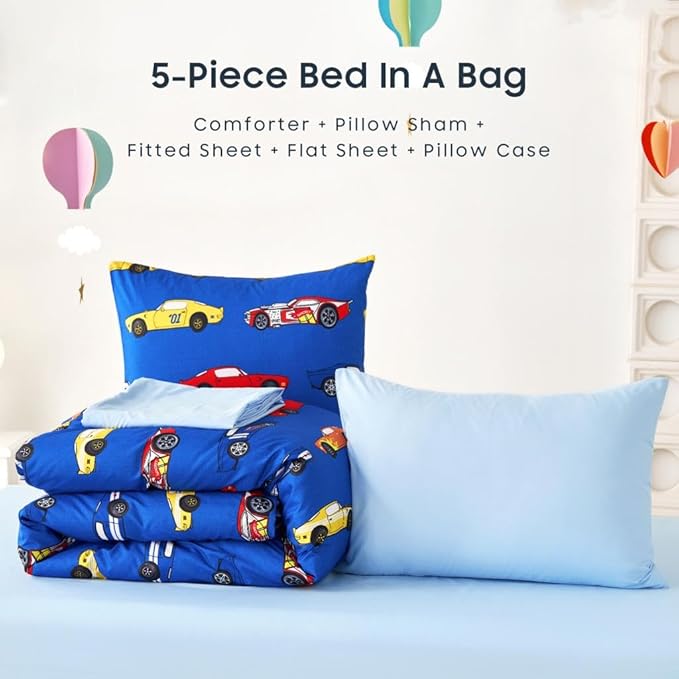 Wake In Cloud - Race Car Bedding Set for Boys, Cute Colorful Sports Car Supercar Wheels Comforter Set with Sheets, 5 Pieces Kids Bed in a Bag, Blue, Twin Size