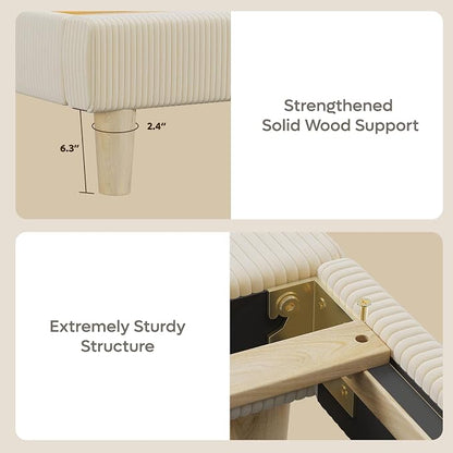 Bestier Full Bed Frame with Adjustable Headboard,LED Light,Beige | LED Lighting Headboard,Easy Assembly,No Squeaks,Vertical Channel Corduroy Upholstered,Wood Slats Support,No Box Spring Needed