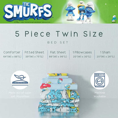 The Smurfs Kids Bedding Super Soft & Cozy Reverisble Microfiber Comforter and Sheet Set with Sham, 5 Piece Twin Size, (Officially Licensed Product) By Franco